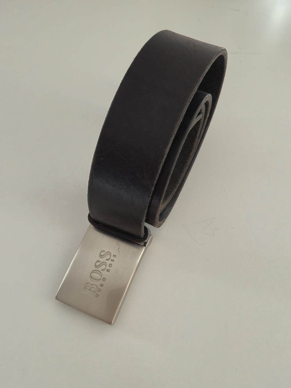 Hugo Boss Leather Belt With Brushed Silver Buckle, Made in Italy